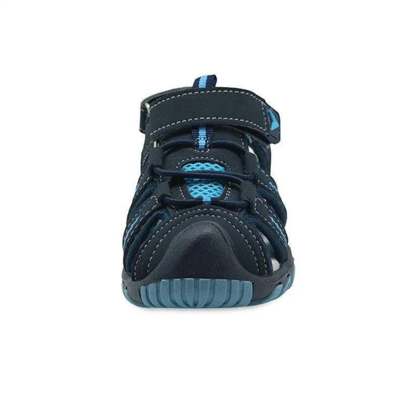 Blue summer boy beach shoes with Velcro fastening and non-slip rubber sole