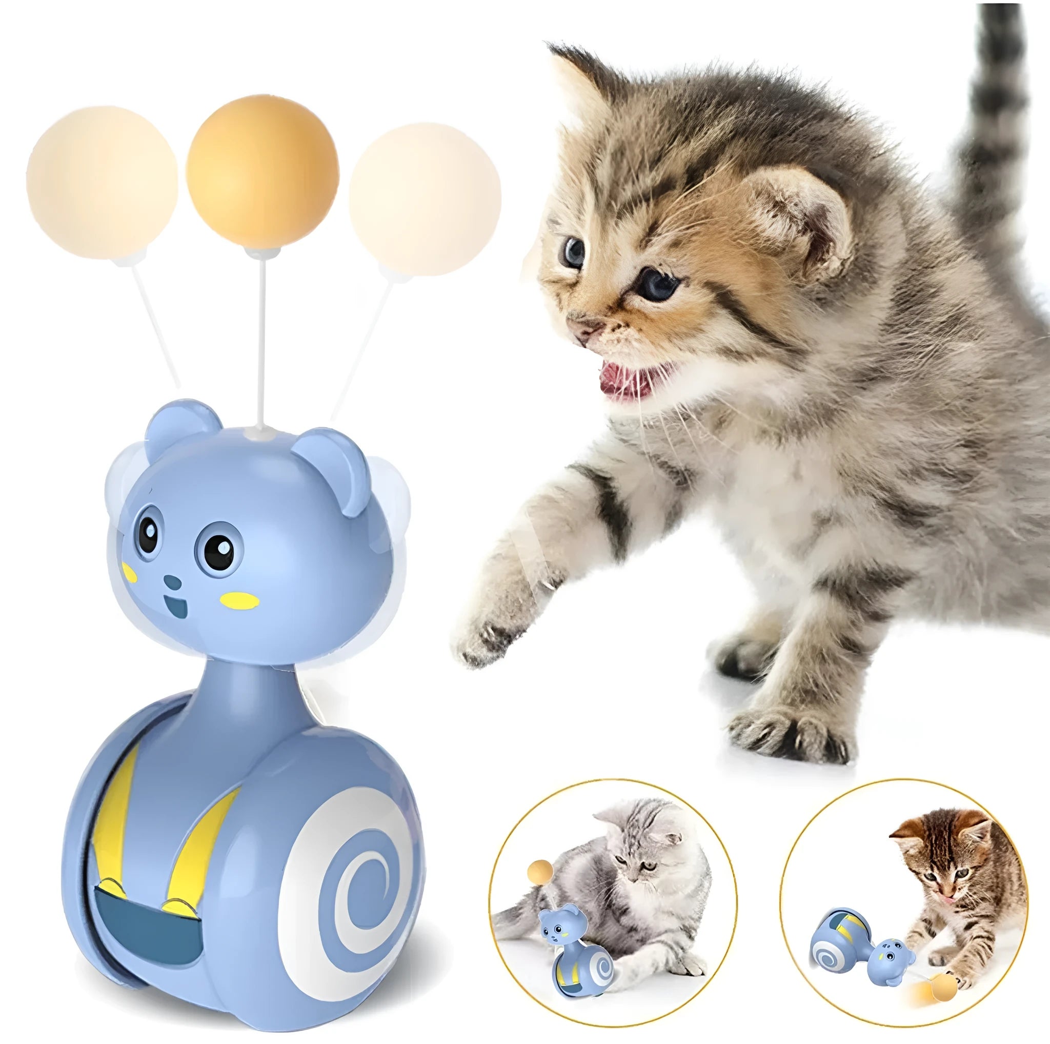 Interactive cat tumbler toy with rotating feather wand and ball attachments in pink and blue colour options