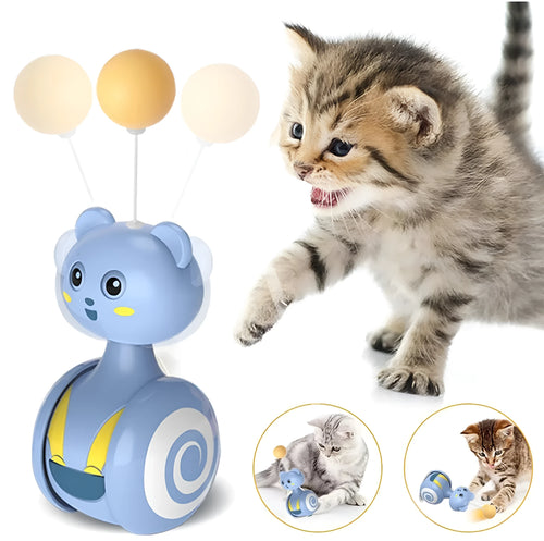 Interactive cat tumbler toy with rotating feather wand and ball attachments in pink and blue colour options