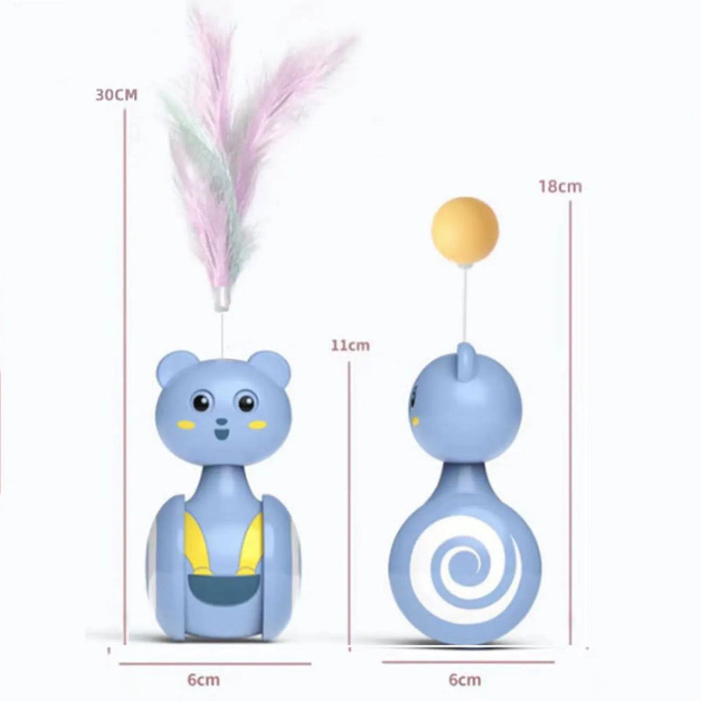 Interactive cat tumbler toy with rotating feather wand and ball attachments in pink and blue colour options