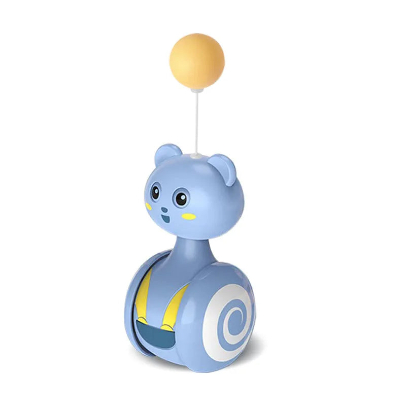 Interactive cat tumbler toy with rotating feather wand and ball attachments in pink and blue colour options