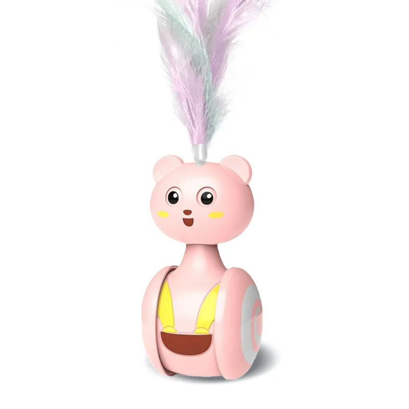 Interactive cat tumbler toy with rotating feather wand and ball attachments in pink and blue colour options