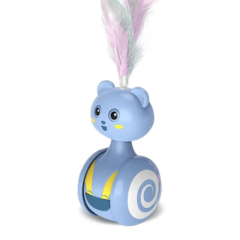 Interactive cat tumbler toy with rotating feather wand and ball attachments in pink and blue colour options