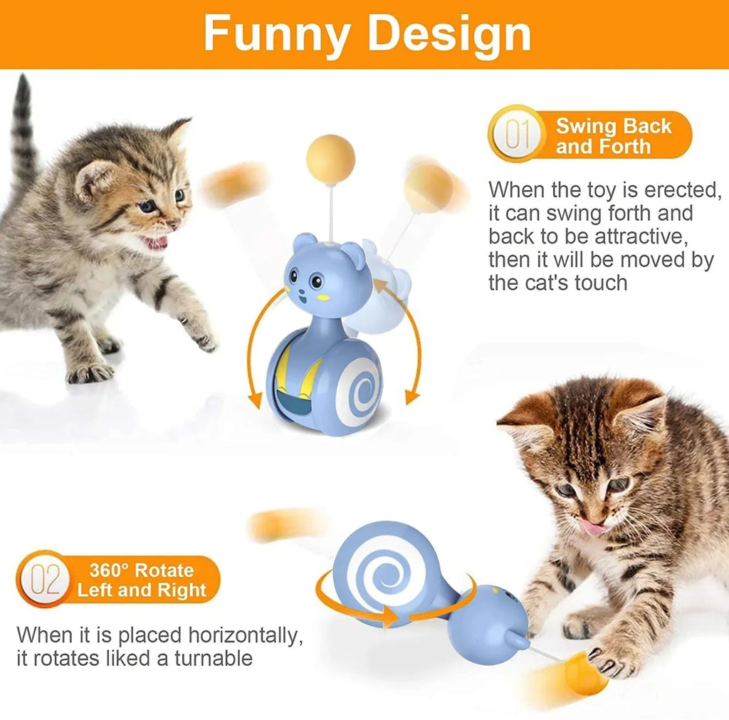 Interactive cat tumbler toy with rotating feather wand and ball attachments in pink and blue colour options