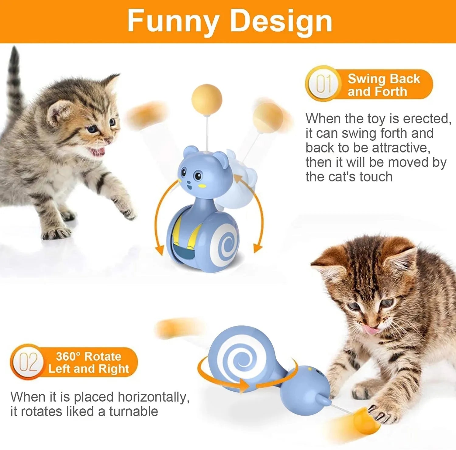 Interactive cat tumbler toy with rotating feather wand and ball attachments in pink and blue colour options