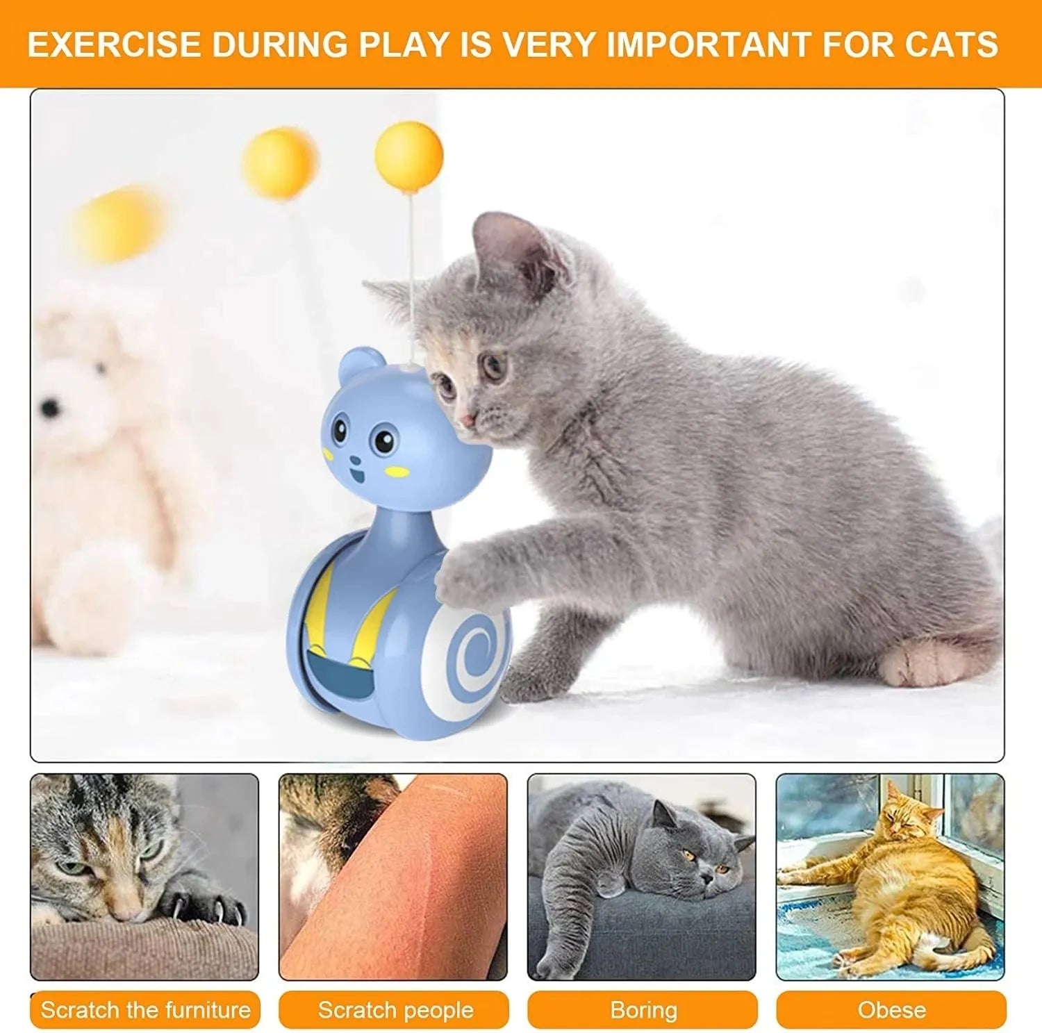 Interactive cat tumbler toy with rotating feather wand and ball attachments in pink and blue colour options