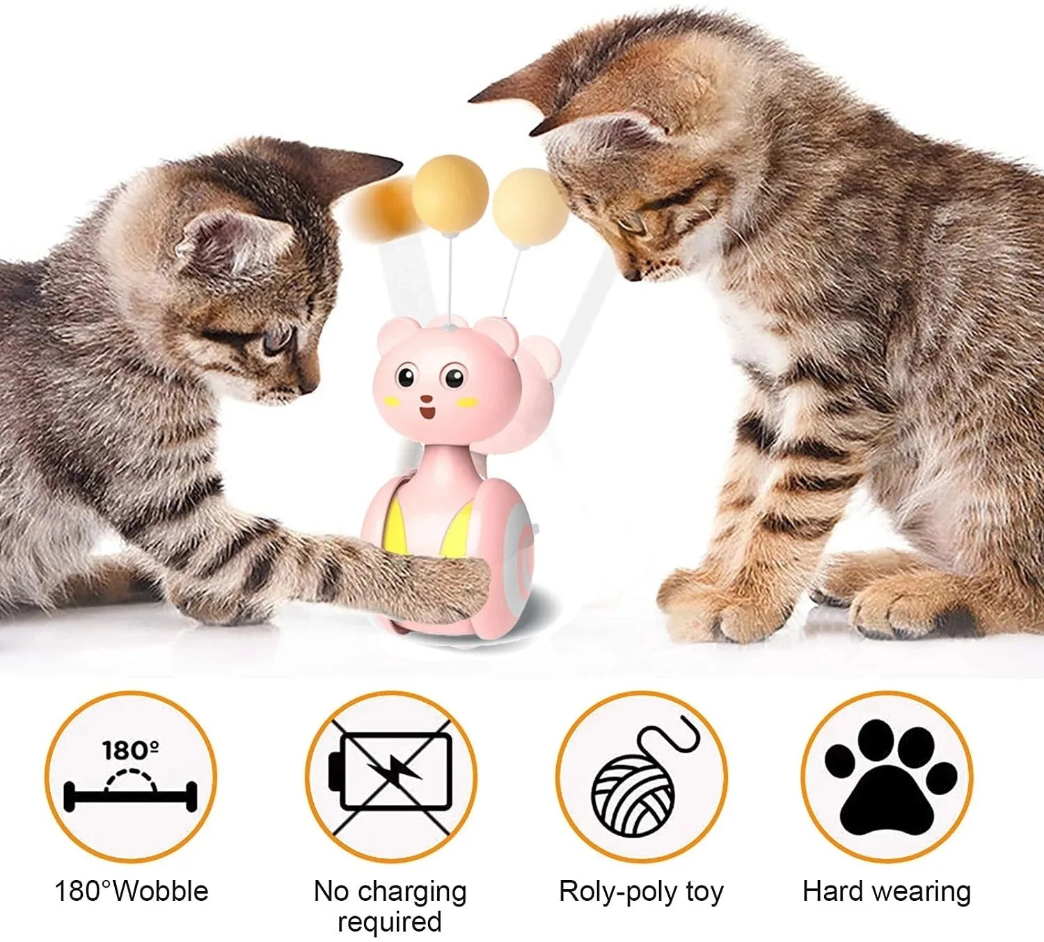 Interactive cat tumbler toy with rotating feather wand and ball attachments in pink and blue colour options