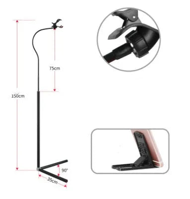 Black bedside mobile phone bracket with adjustable overhead shelf mounted beside bed frame