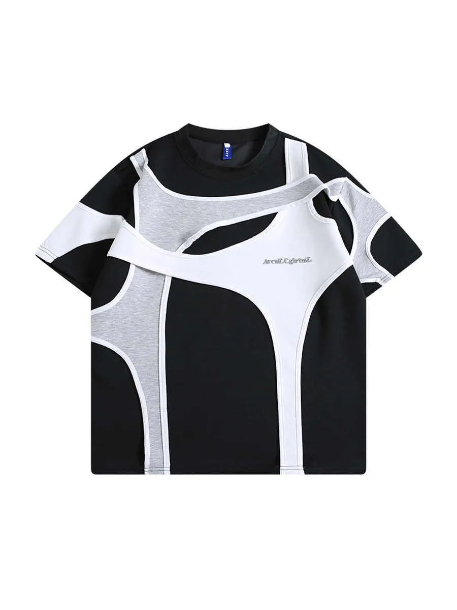 Man's loose fit black T-shirt with double-stitched padded shoulders on a short sleeve.