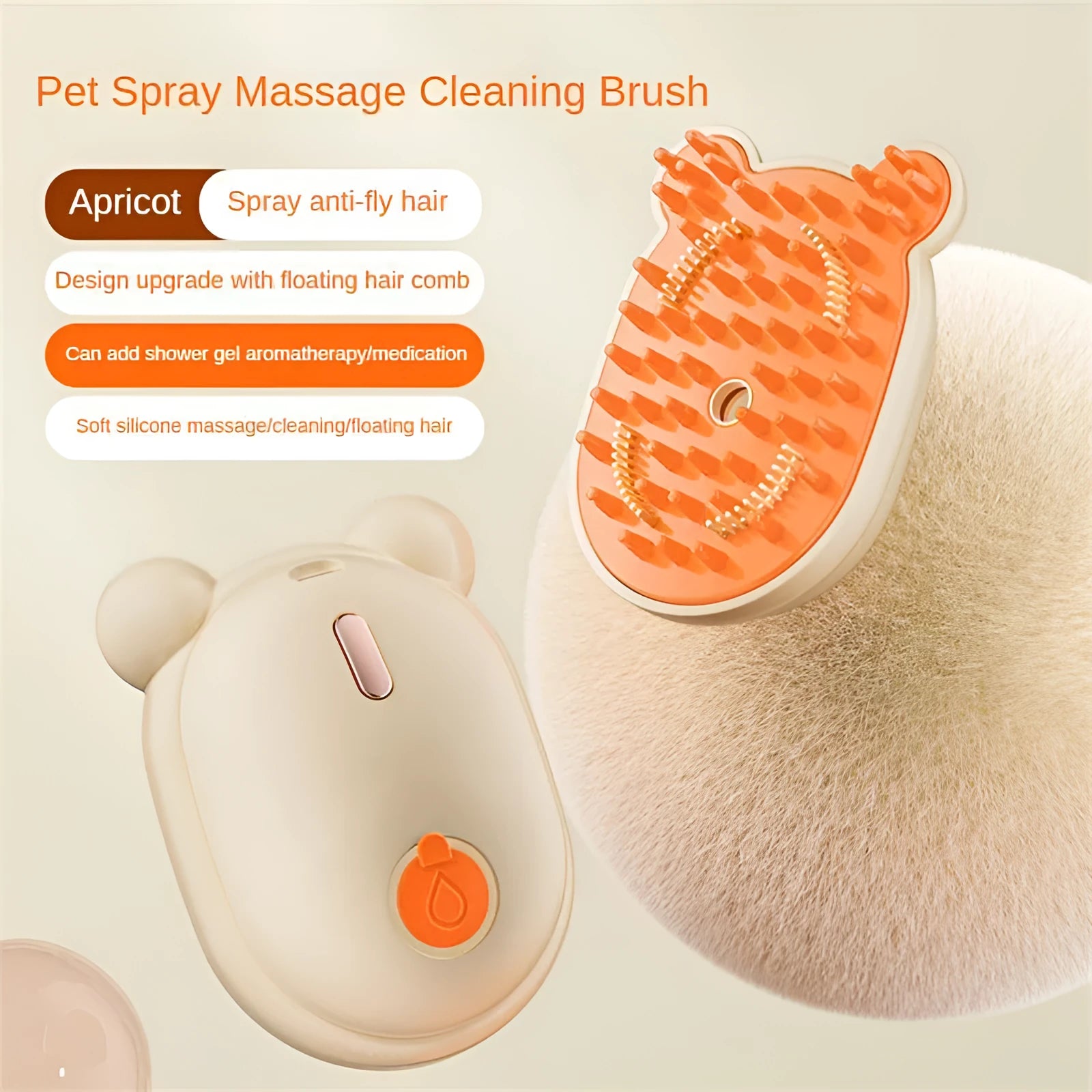Pink rechargeable pet grooming brush with spray button and removable silicone comb head