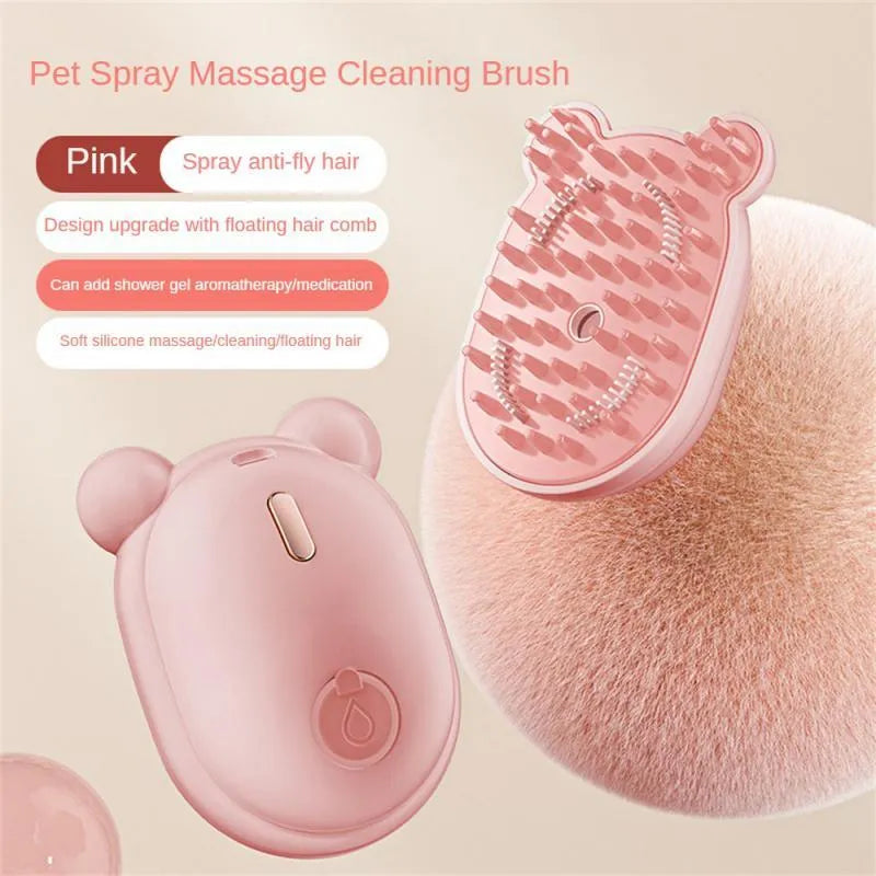 Pink rechargeable pet grooming brush with spray button and removable silicone comb head
