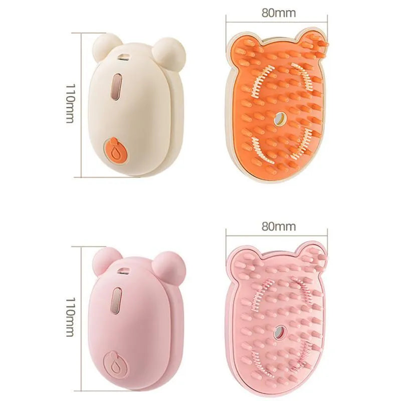 Pink rechargeable pet grooming brush with spray button and removable silicone comb head