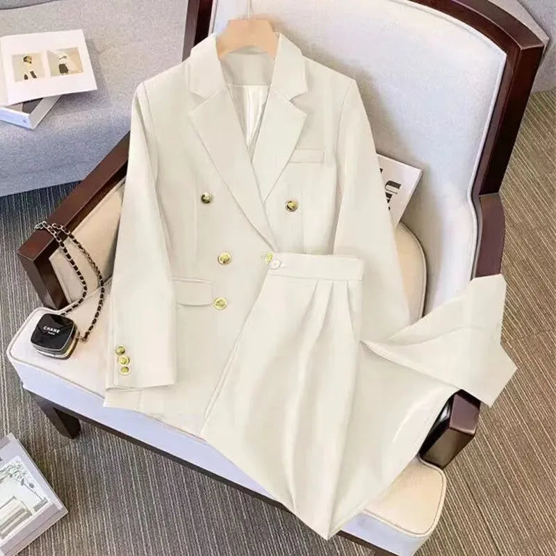 Womens loose fit khaki polyester blouse and trouser set for office wear