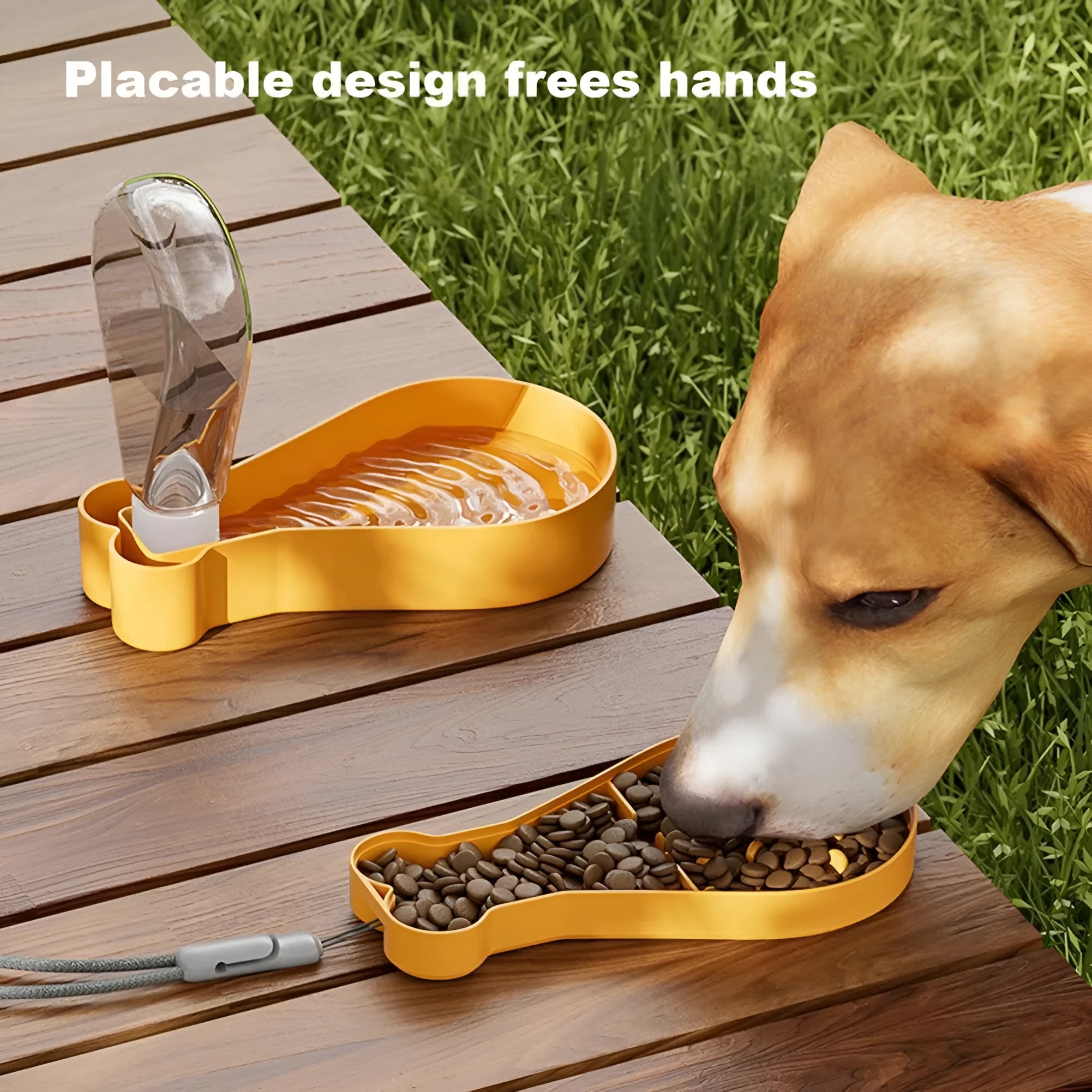 Orange and white portable pet water bottle with separate food container showing measurement scale