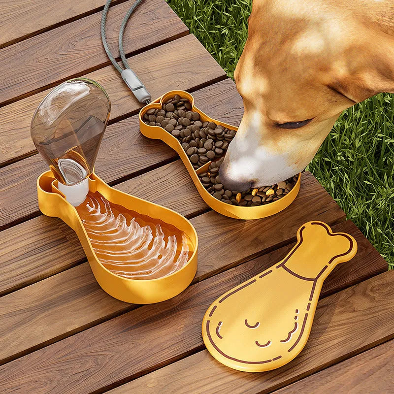 Orange and white portable pet water bottle with separate food container showing measurement scale