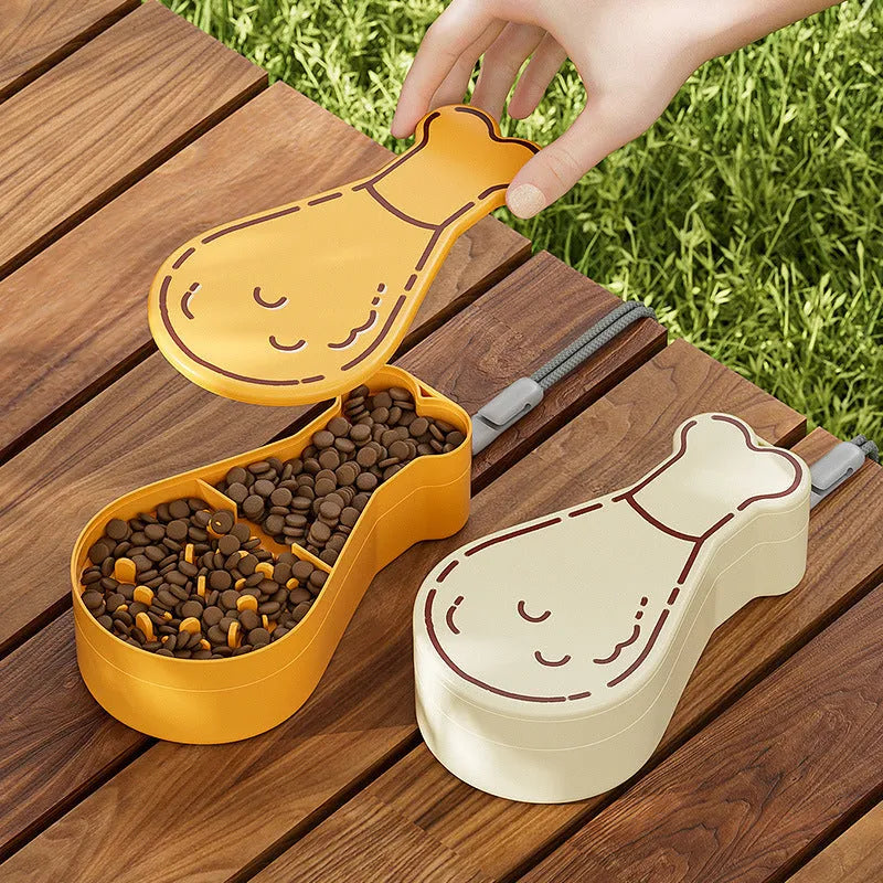 Orange and white portable pet water bottle with separate food container showing measurement scale