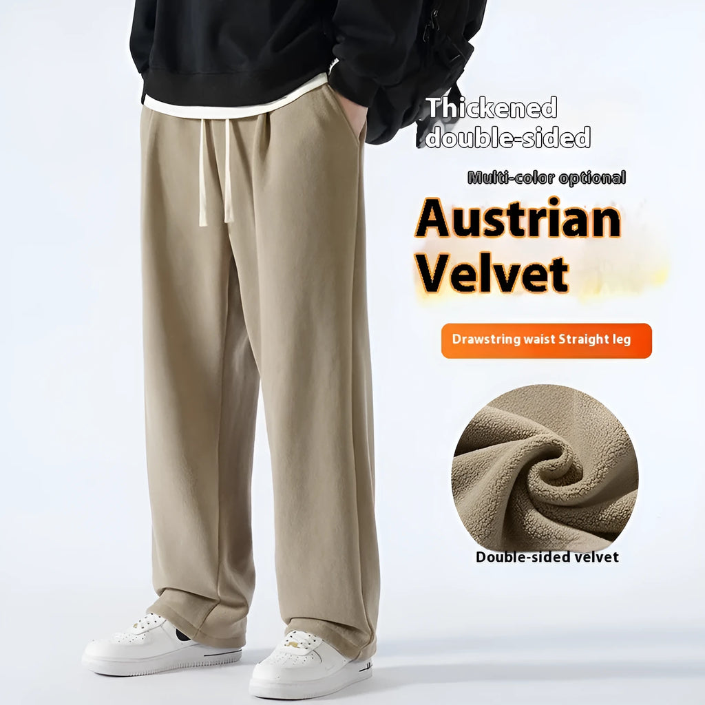 Men's double-sided polar fleece winter sports pants with wool lining in loose Korean style fit