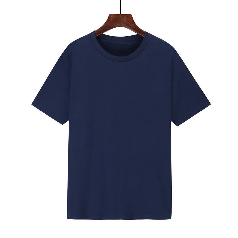 Men's loose fit black cotton t-shirt with short sleeves on a hanger.