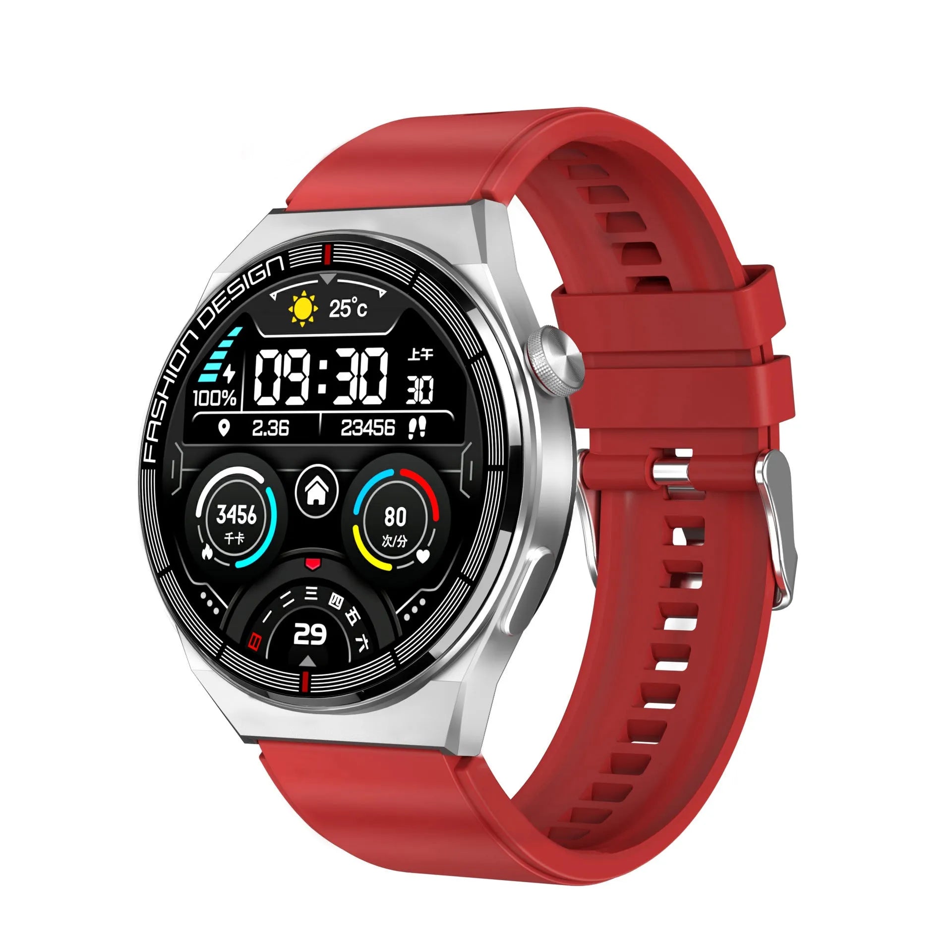 Black smartwatch with 1.28-inch screen showing health metrics on silicone strap