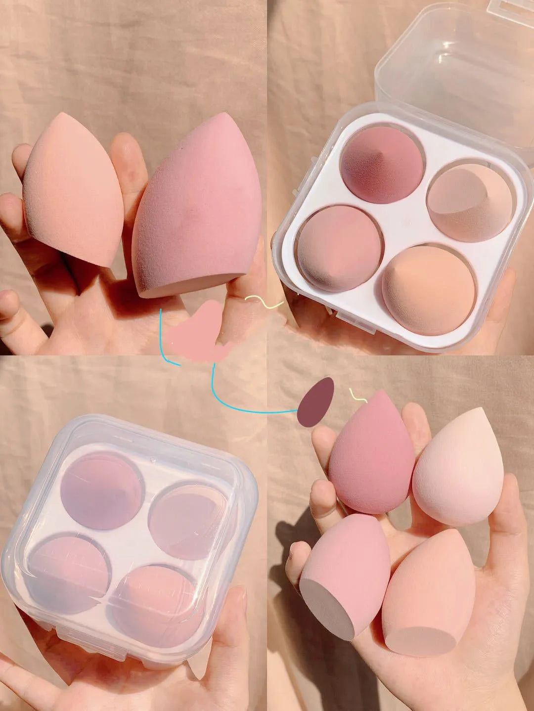 Cube-shaped plastic makeup sponge storage case containing four coloured synthetic beauty egg sponges.