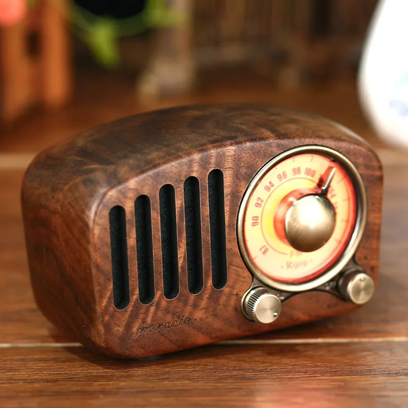 Retro wooden Bluetooth speaker in natural wood finish with compact dimensions