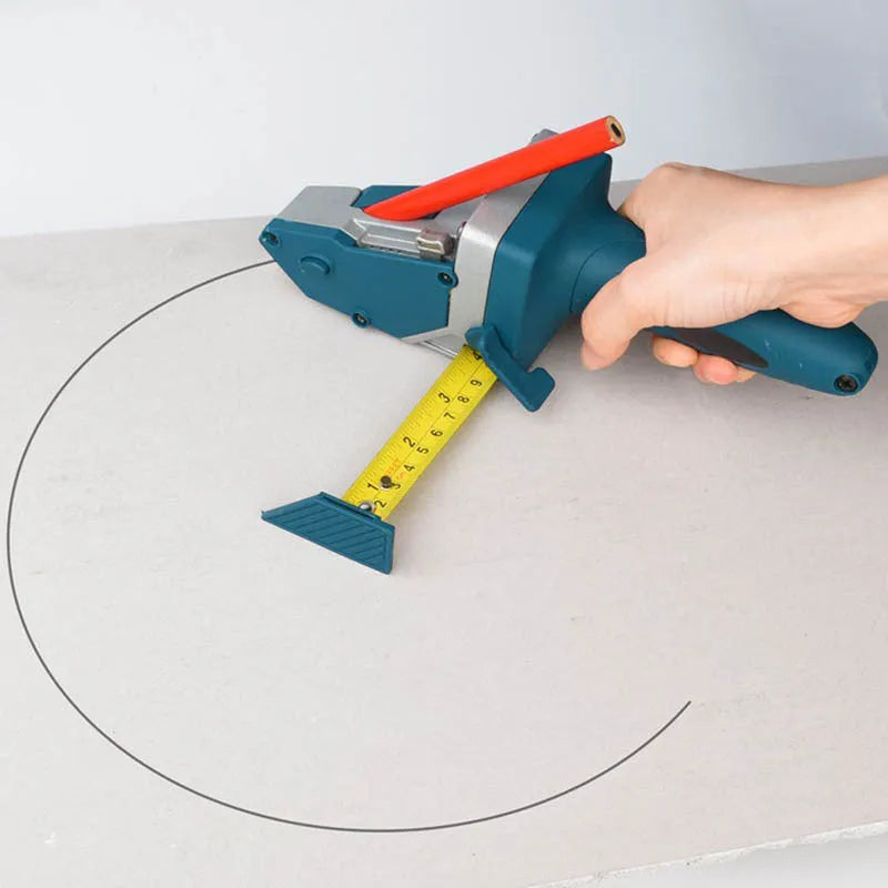 Blue multifunctional woodworking cutter with one-press lock and measuring scale for board materials.