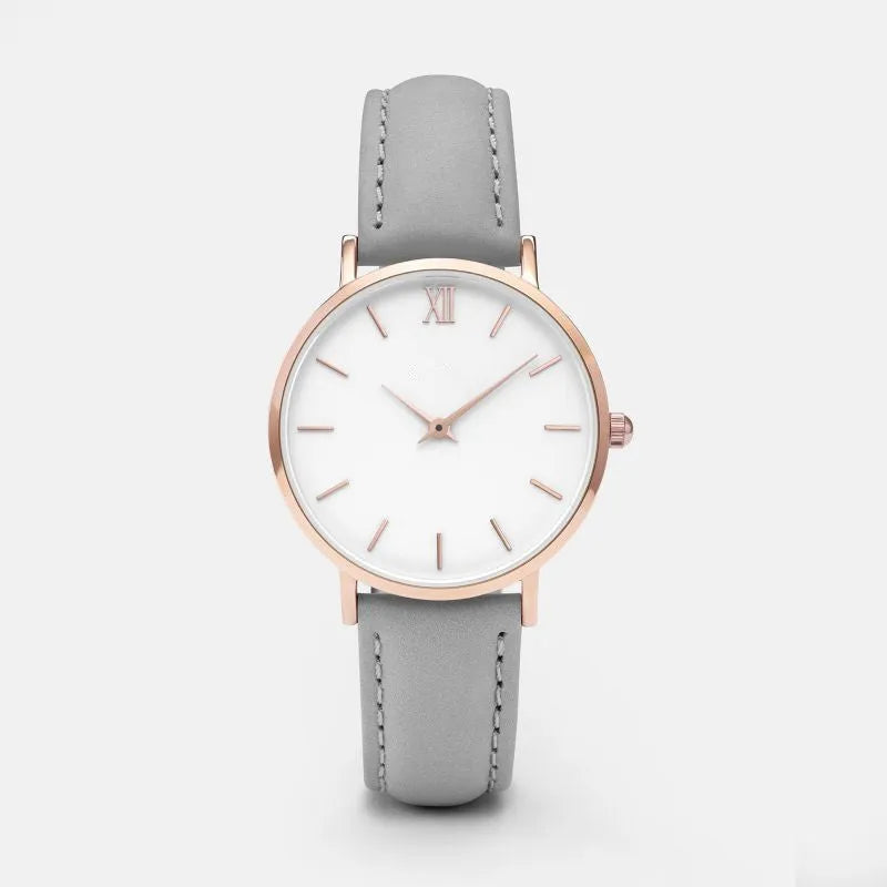 Square-faced quartz watch with a PU leather strap showing colour options on a white background.