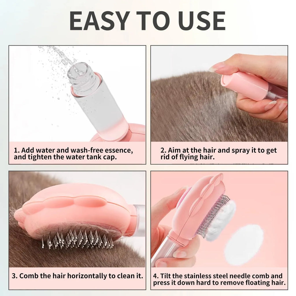 Grey spray cat brush with release button on a white background, showing the bristle head and spray nozzle.