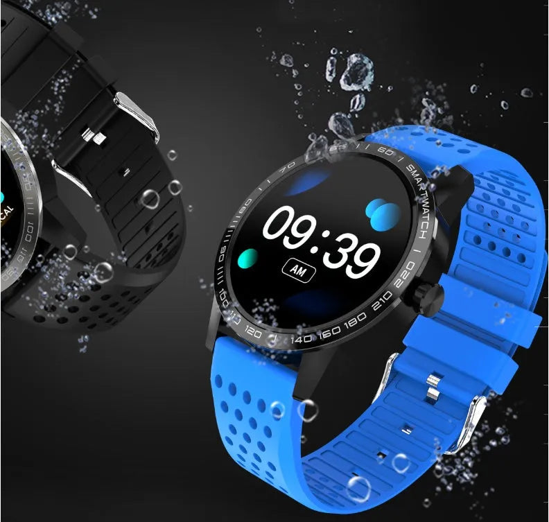 Black smart bracelet with a colour screen showing heart rate data on a wrist.