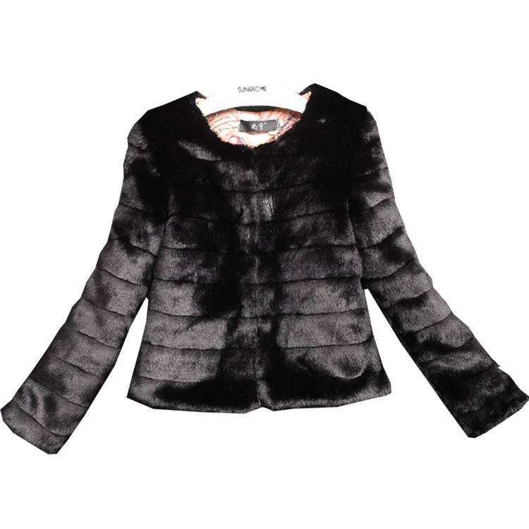 Women's short faux fur top in street fashion style with regular sleeves available in white black and beige sizes S to 9XL