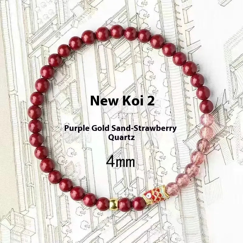 Purple cinnabar and strawberry quartz lucky bead bracelet with peach blossom charm on adjustable cord