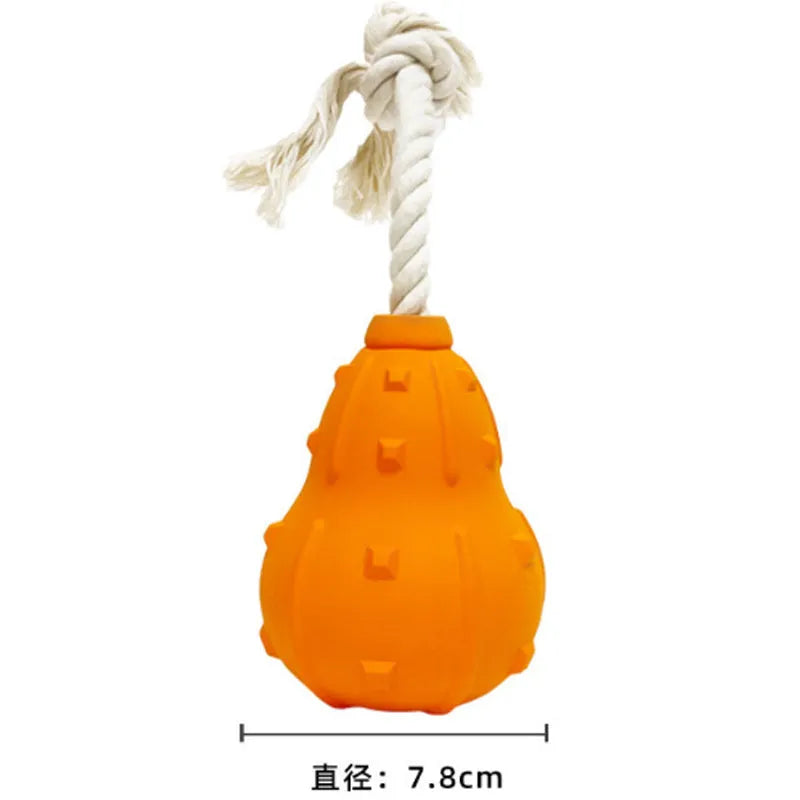 Natural rubber stuffable dog chew toy with longer strap for interactive fetch and treat dispensing