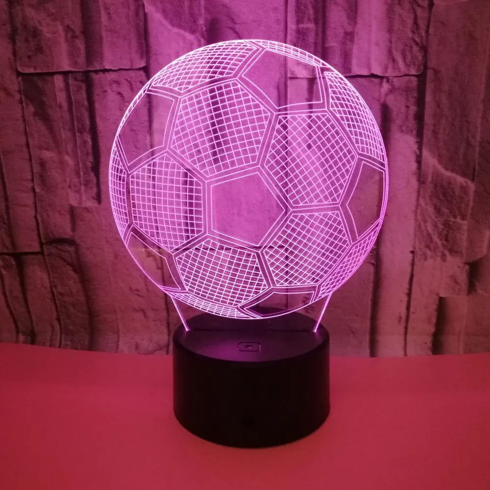 3D football-shaped night light with colour-changing LED effects on a black ABS base.