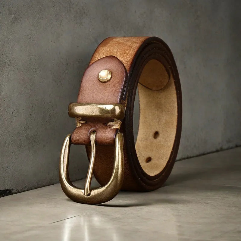 Men's casual cowhide leather belt with copper pin buckle in black, brown, or khaki