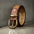 Men's casual cowhide leather belt with copper pin buckle in black, brown, or khaki