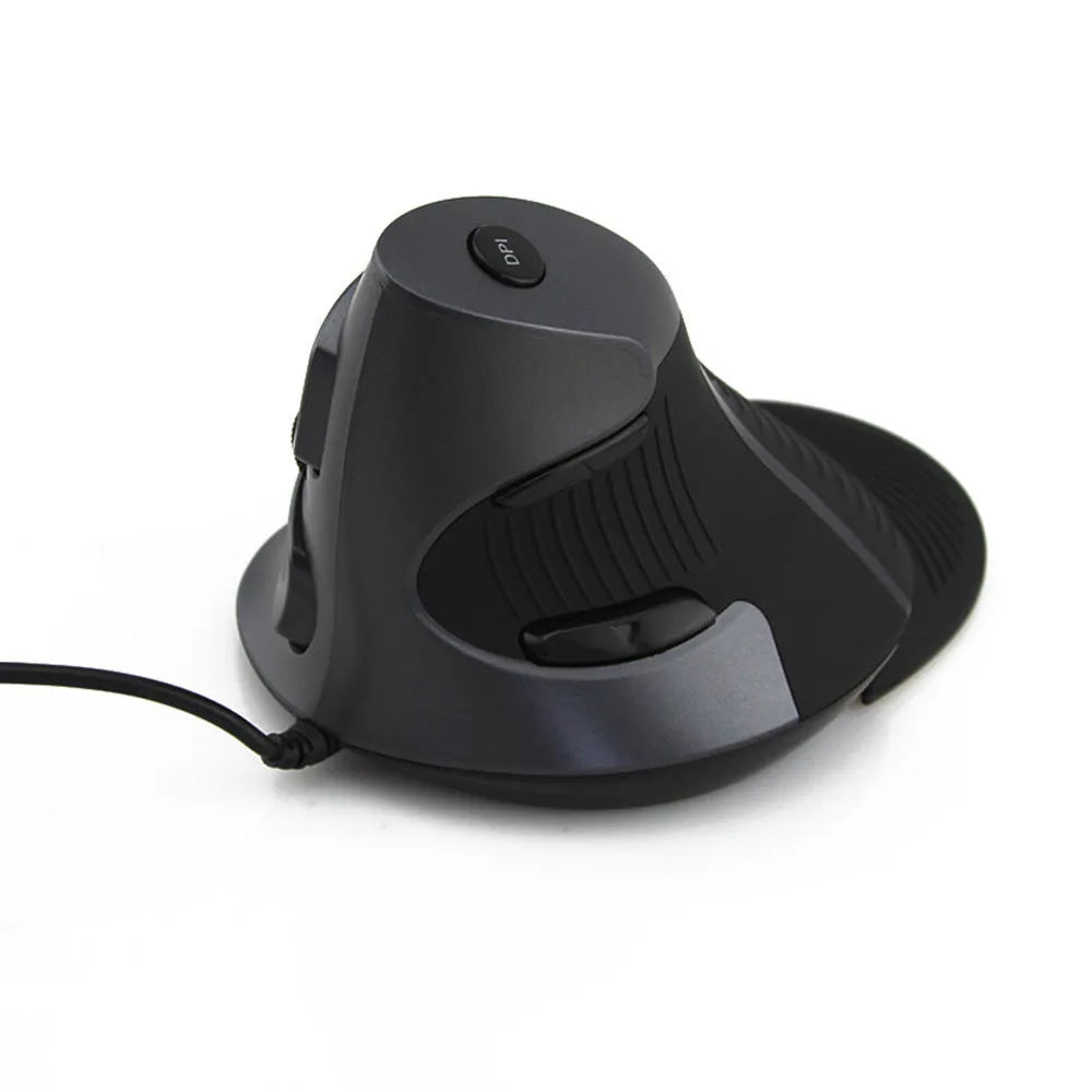 Black and white ergonomic vertical wired mouse for desktop computers showing side profile.