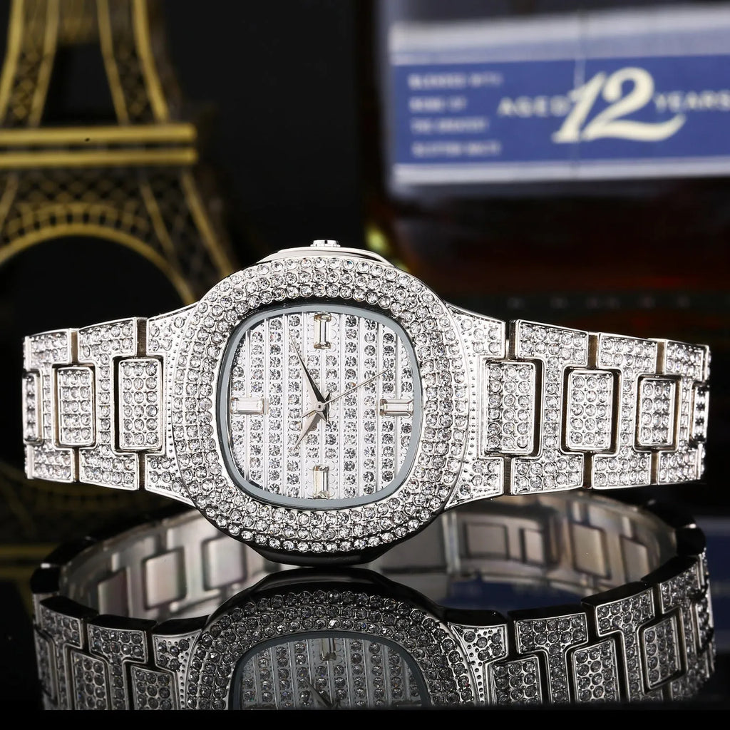 Fashion diamond watch with 37mm alloy strap dial and butterfly clasp on wrist