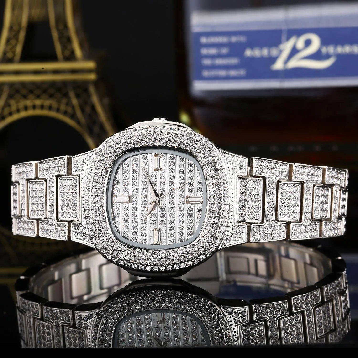 Fashion diamond watch with 37mm alloy strap dial and butterfly clasp on wrist