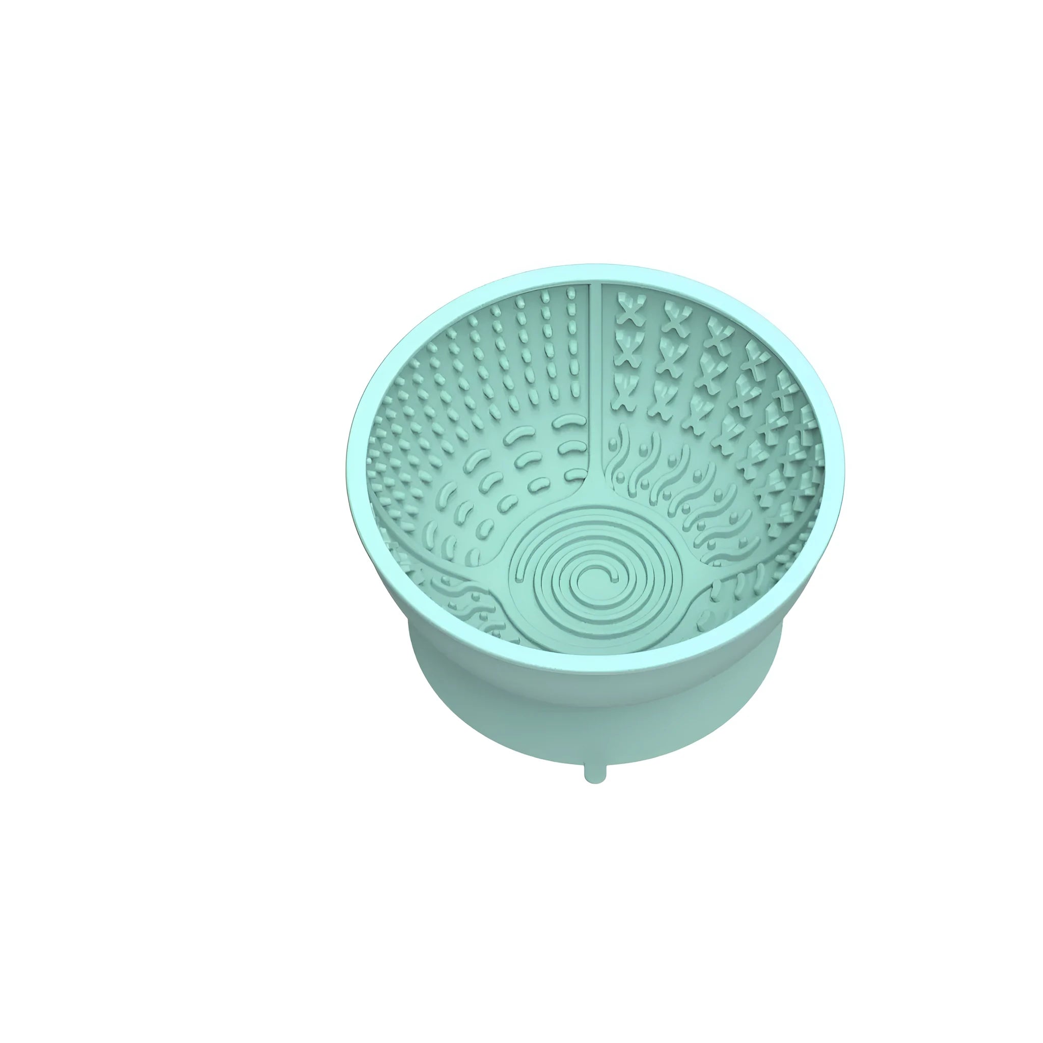 Cyan silicone dog bowl with licking mat texture and suction cup base on a floor.