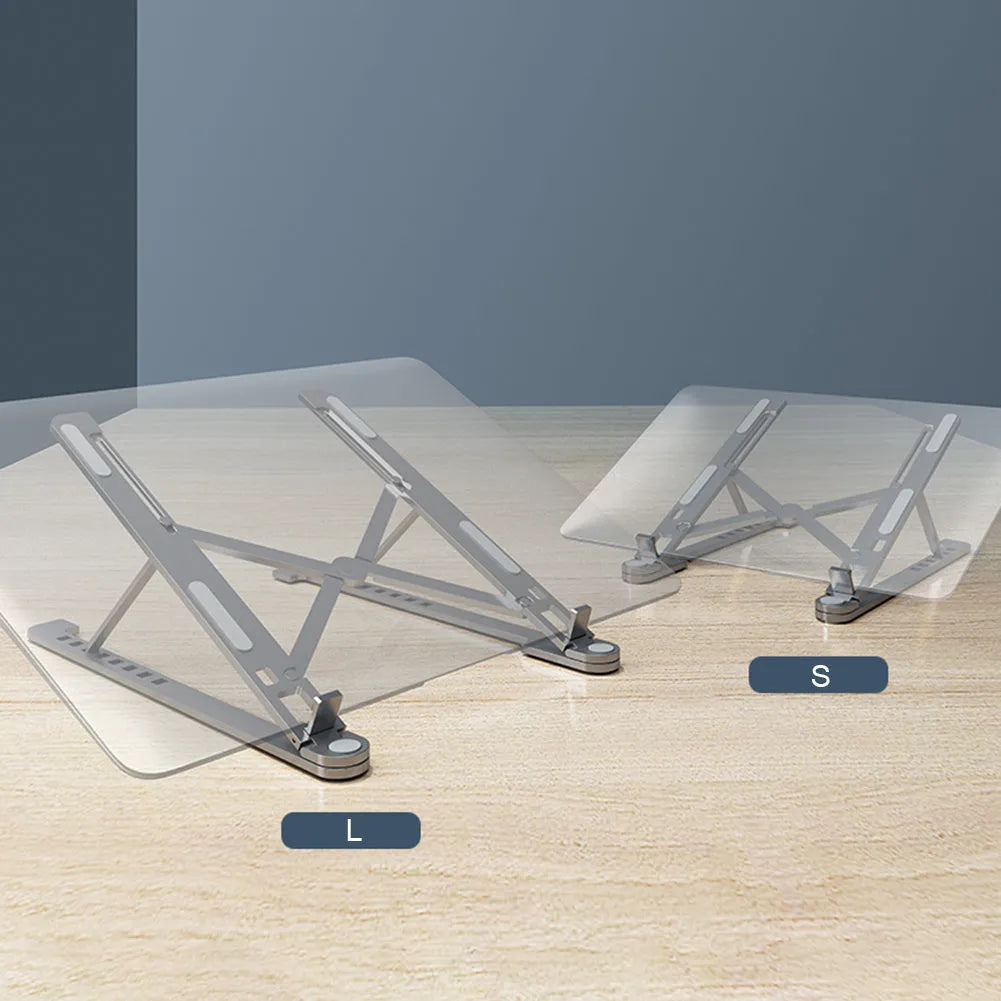 Aluminium laptop stand folded and unfolded showing adjustable height mechanism in silver finish