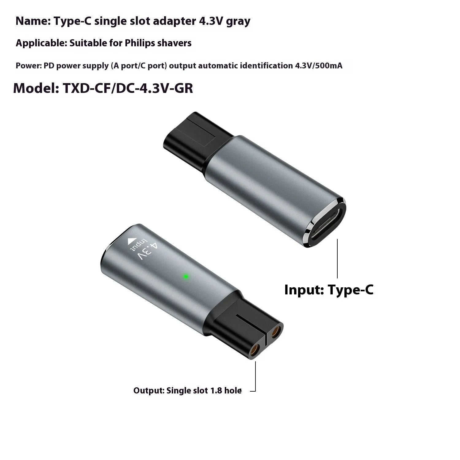 Black USB-C charging adapter for electric shavers and hair clippers on a grey background.