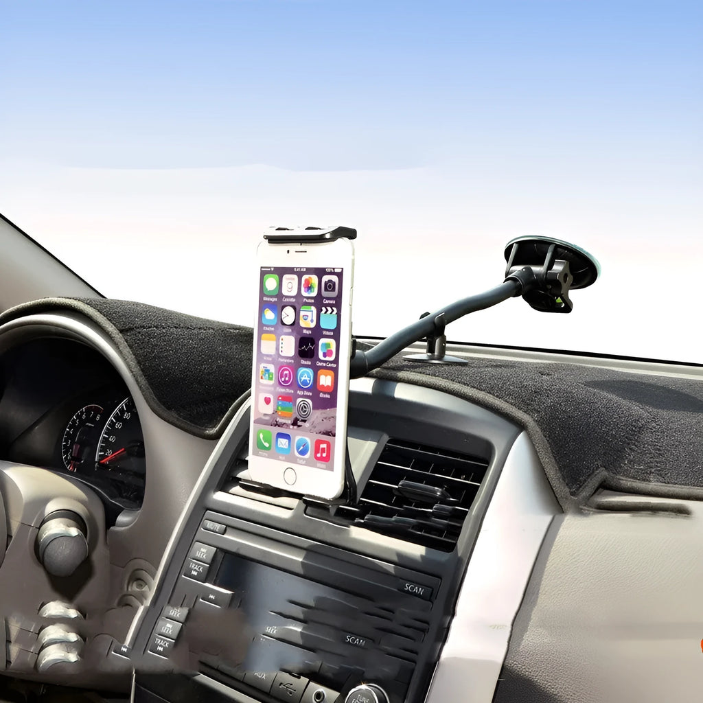 Black vehicle-mounted tablet holder with suction cup base for 4-12 inch devices