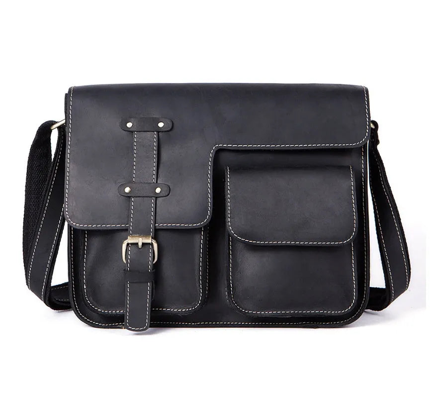 Leather vintage messenger bag in brown colour with adjustable strap and flap closure