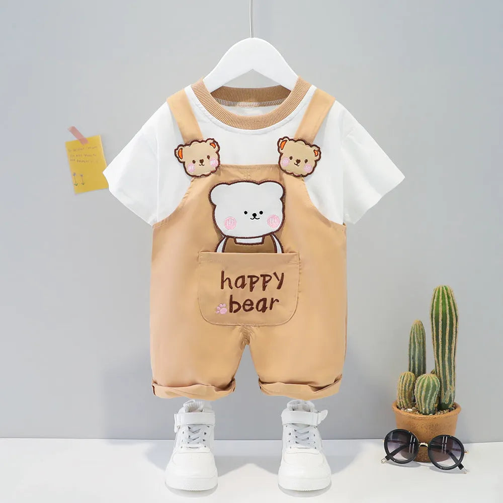 Yellow children's cotton short-sleeved overalls with cartoon print and detachable straps.
