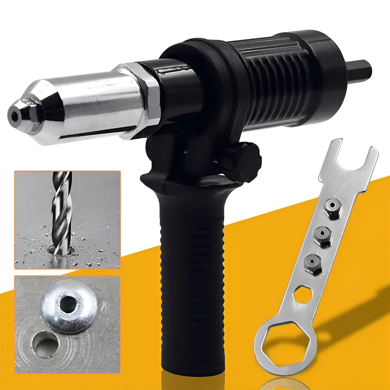 Black metal electric drill rivet gun with handle, wrench, and rivet heads, 173mm long.