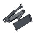 Black universal car phone holder mounted on vehicle rear seat base with tablet secured in snap-in mechanism