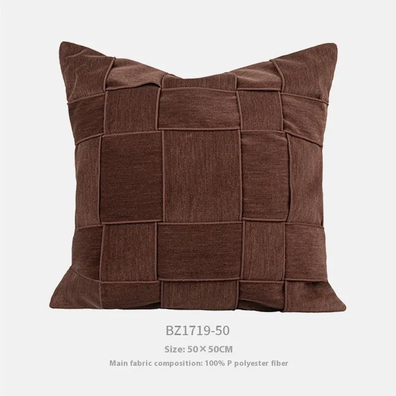Chenille woven square cushion in beige colour on a sofa, showing its 50x50cm size and textured fabric.