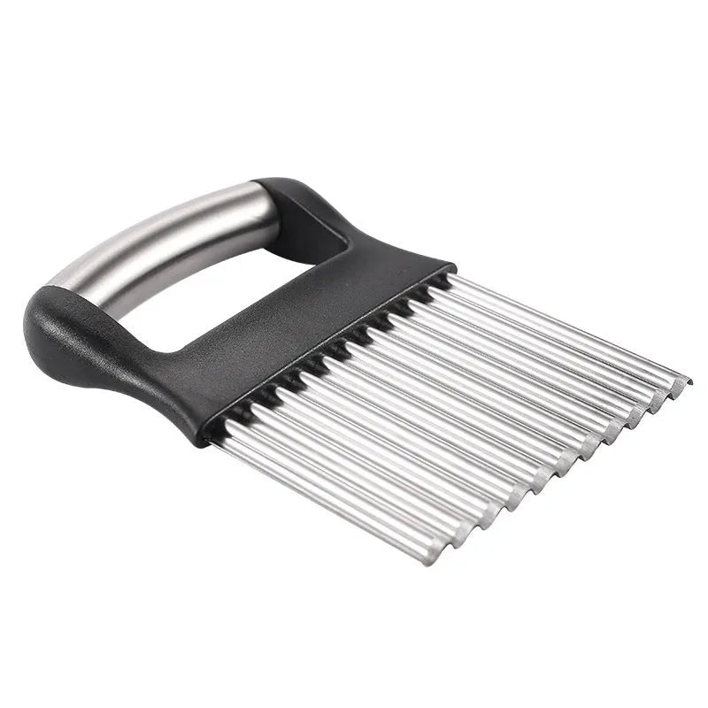 Stainless steel potato wave knife for making crinkle-cut chips and waffle fries.
