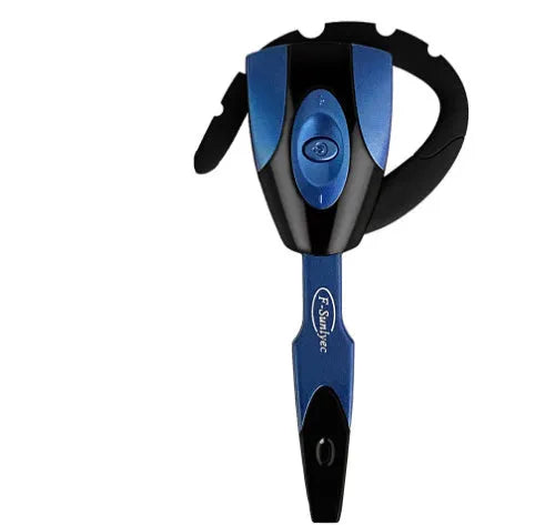 Single ear Bluetooth business headset in black hanging over ear, showing microphone boom.