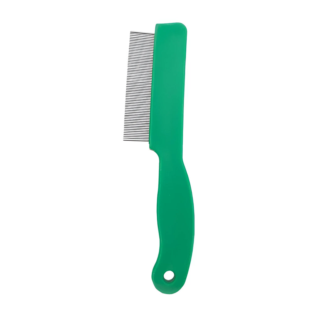 Green plastic handle stainless steel pin flea comb for dogs and cats on a white background.